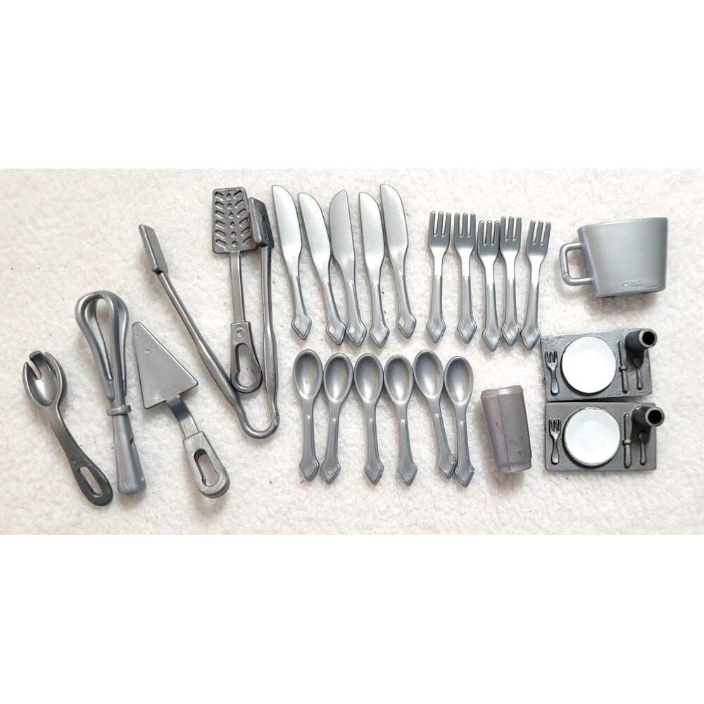 25 Pc Lot Barbie Silver Kitchen Utencils Forks Knife Spoon Tray Beater Serving